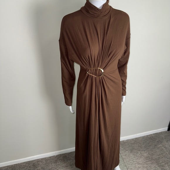 Commense Brown Turtleneck Maxi Dress with Gold Ring Detail Long Sleeve Size M - Picture 16 of 16